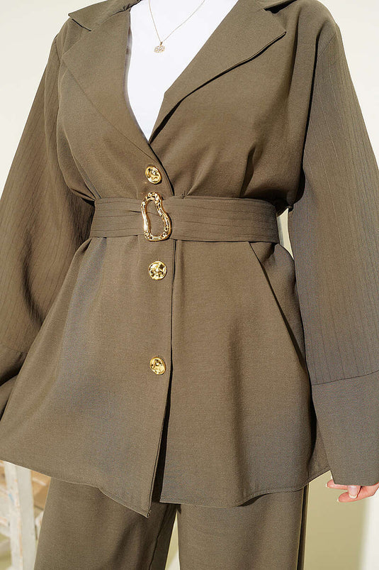 Wrap Collar Gold Button Tencel Set Khaki