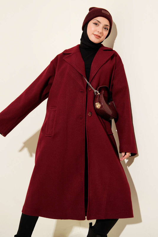 معطف كشمير مزدوج الصدر بزرين، لون عنابي