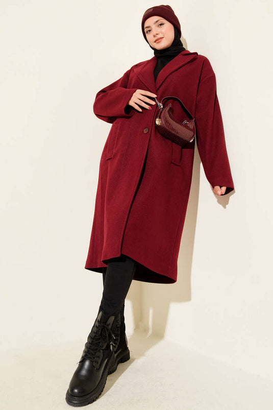 معطف كشمير مزدوج الصدر بزرين، لون عنابي