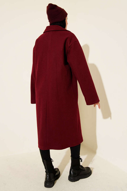 معطف كشمير مزدوج الصدر بزرين، لون عنابي