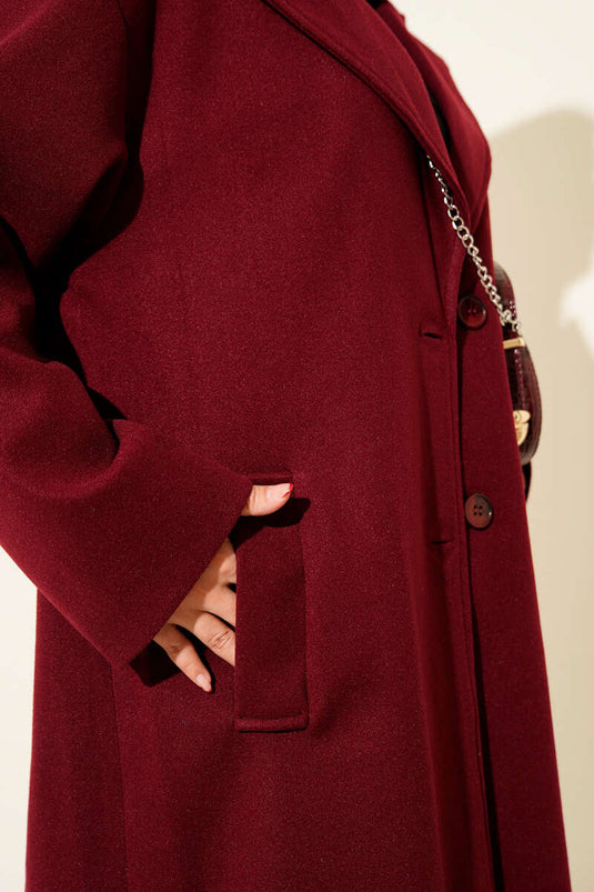 معطف كشمير مزدوج الصدر بزرين، لون عنابي