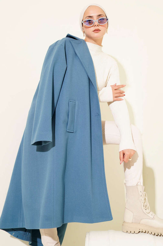 معطف كشمير أزرق مزدوج الصدر بزرين