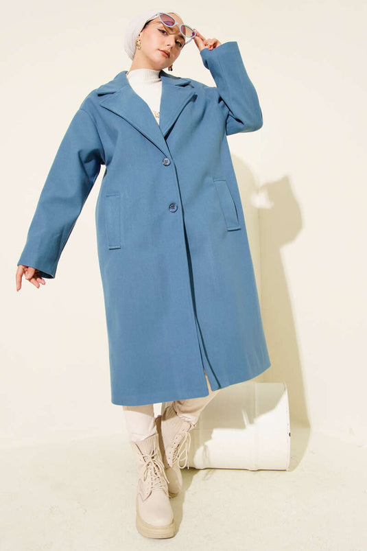 معطف كشمير أزرق مزدوج الصدر بزرين
