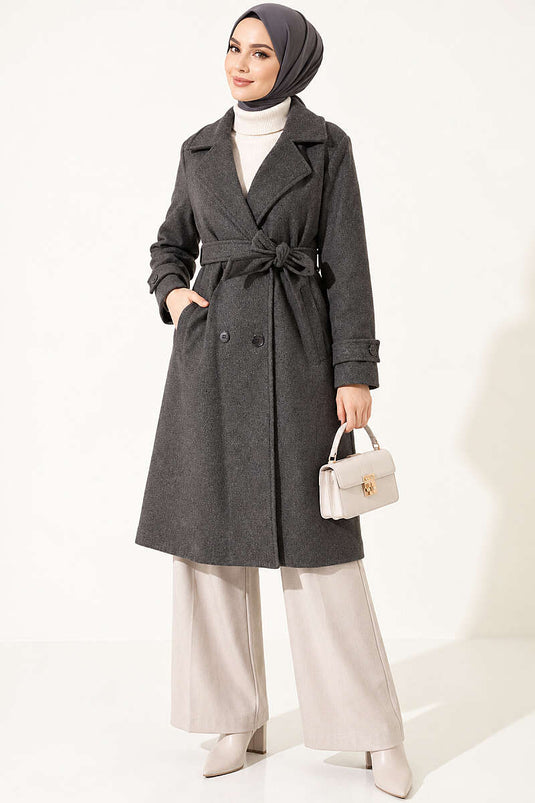 Wrap Collar Double Button Wool Coat Anthracite