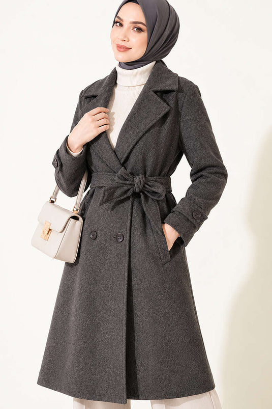 Wrap Collar Double Button Wool Coat Anthracite
