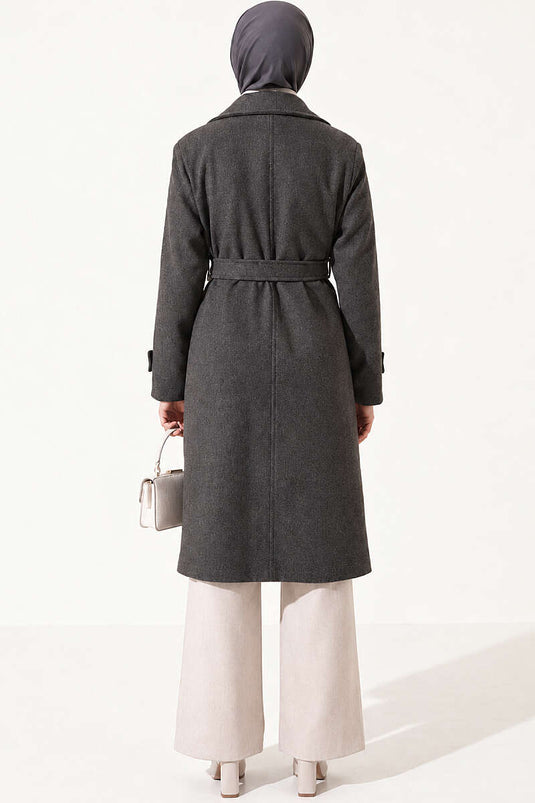 Wrap Collar Double Button Wool Coat Anthracite