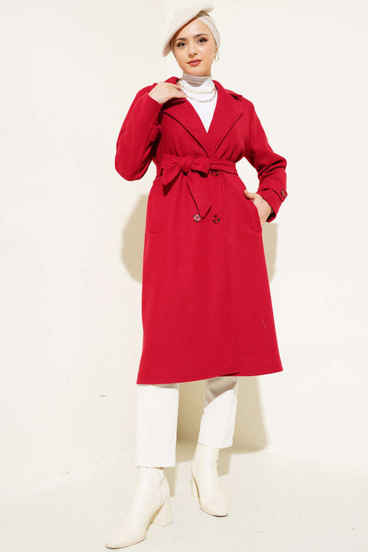 Double-Breasted Wool Coat with Shawl Collar Burgundy