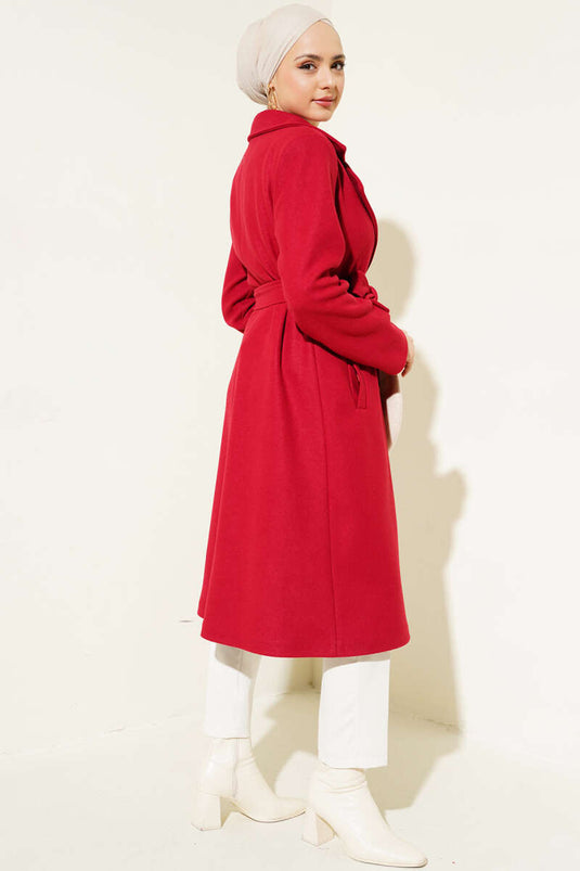 Double-Breasted Wool Coat with Shawl Collar Burgundy