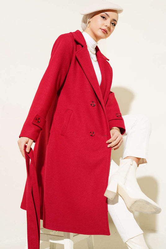 Double-Breasted Wool Coat with Shawl Collar Burgundy