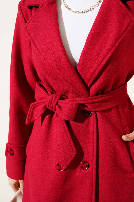 Double-Breasted Wool Coat with Shawl Collar Burgundy