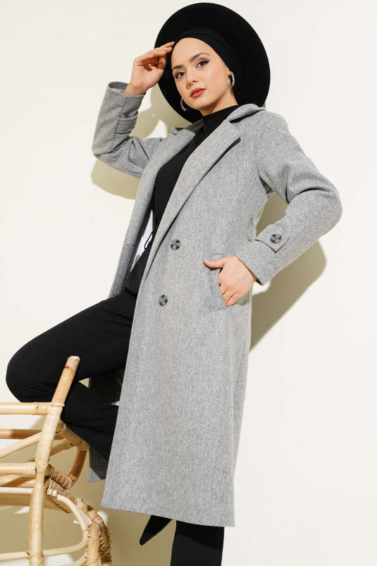 Kruvaze Yaka İki Düğmeli Kaşe Kaban Gri