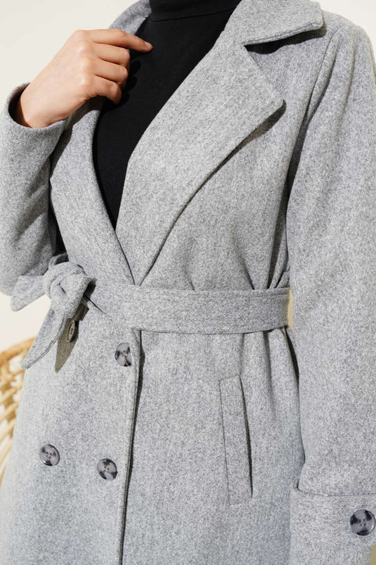 Kruvaze Yaka İki Düğmeli Kaşe Kaban Gri