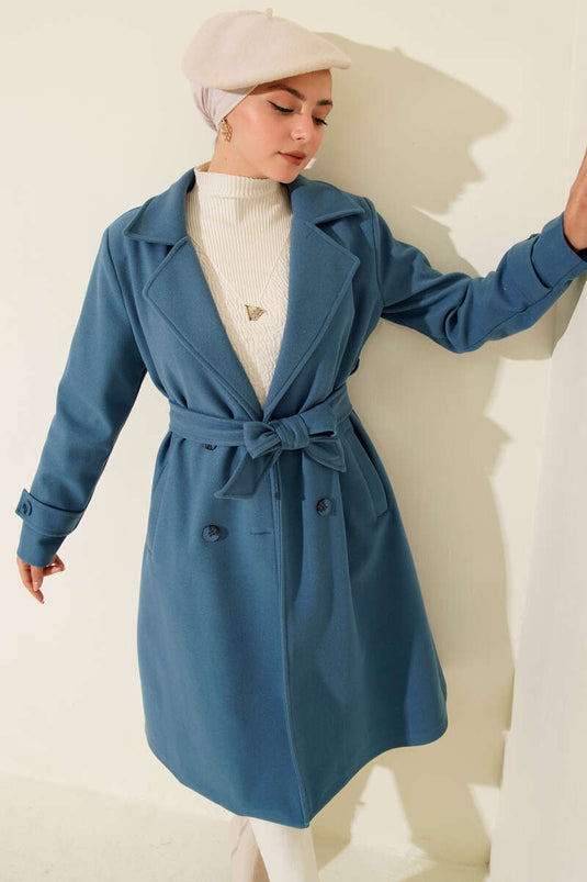 Blue Mohair Overcoat with Crossover Collar and Two Buttons