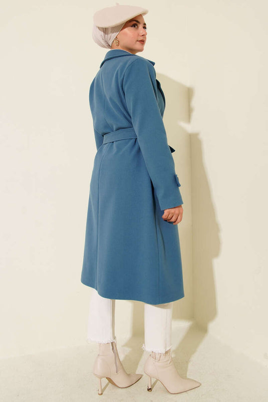 Blue Mohair Overcoat with Crossover Collar and Two Buttons