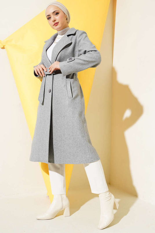 Kruvaze Yaka İki Düğmeli Kaşe Kaban Melanj Gri