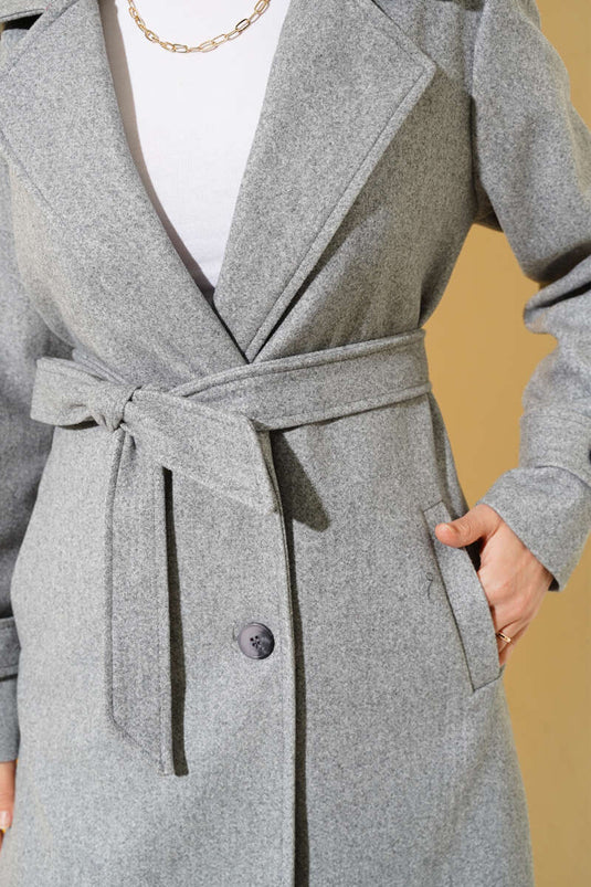 Kruvaze Yaka İki Düğmeli Kaşe Kaban Melanj Gri