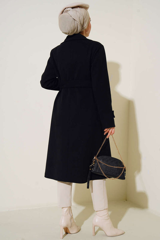 Kruvaze Yaka İki Düğmeli Kaşe Kaban Siyah