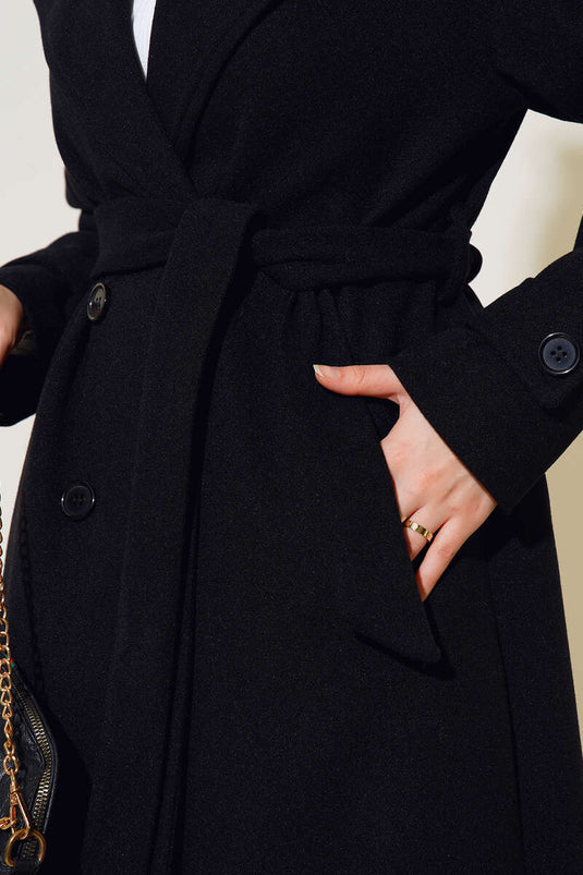 Manteau En Laine Noir À Col Croisé Et Double Bouton