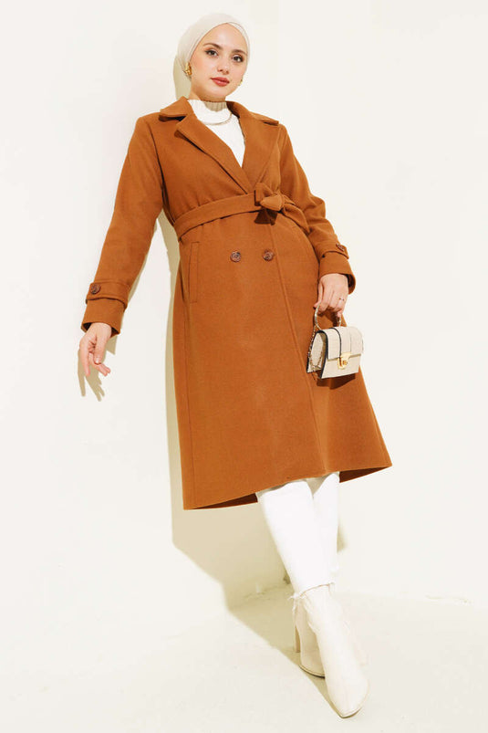Double-Breasted Wool Coat with Shawl Collar in Earth