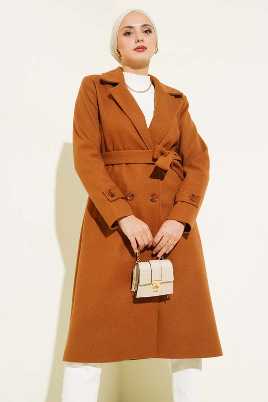 Double-Breasted Wool Coat with Shawl Collar in Earth