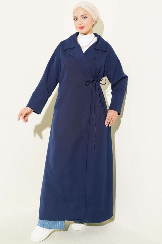 Trench-Coat Bleu Marine À Col Croisé Et À Nœud