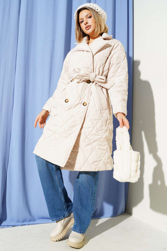 معطف مبطن مزدوج الصدر بحزام بلون حجري.