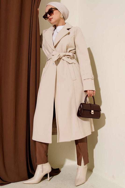 Beige Tweed Coat with Crossover Collar