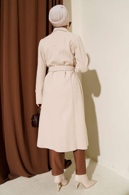 Beige Tweed Coat with Crossover Collar