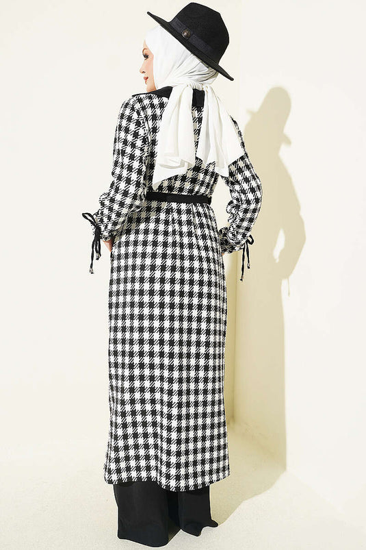 Manteau À Col Croisé Et Motif Pied-De-Poule Noir