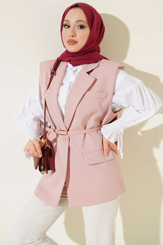 Gilet à col croisé avec ceinture, couleur poudre