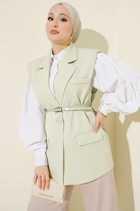 Gilet con Collo a Incrocio e Dettaglio Cintura Verde Acqua