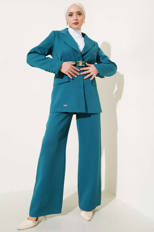 Chaqueta con cinturón y cuello cruzado Traje doble Esmeralda