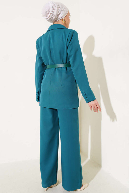 Chaqueta con cinturón y cuello cruzado Traje doble Esmeralda