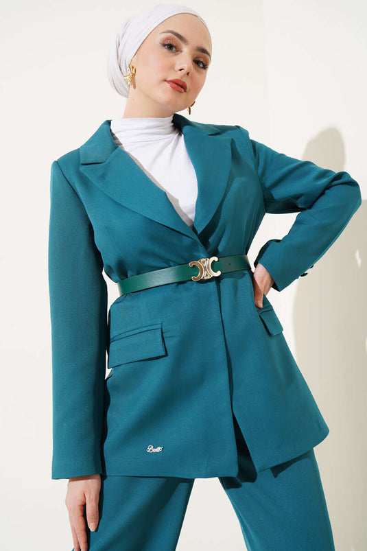 Chaqueta con cinturón y cuello cruzado Traje doble Esmeralda