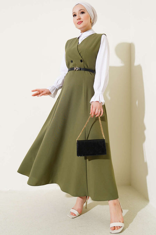Double-Breasted Belted Gilet Dress Khaki