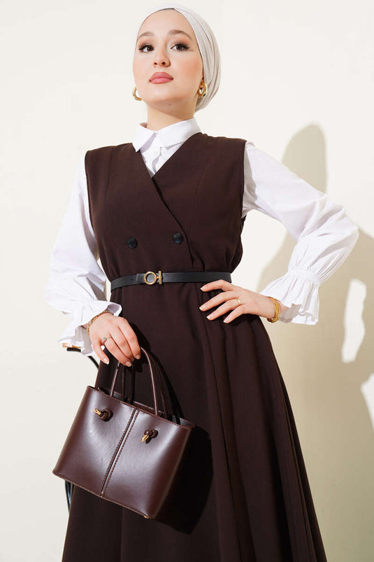 Robe gilet marron à double boutonnage et ceinture