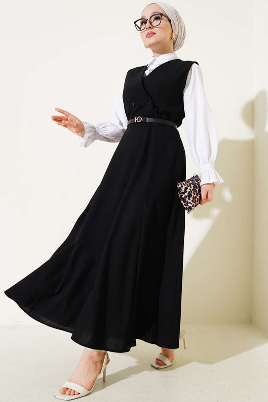 Robe gilet noire à double boutonnage et ceinture