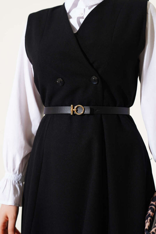 Robe gilet noire à double boutonnage et ceinture