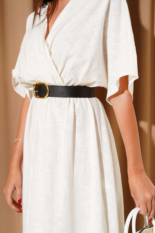 Vestido midi de lino con cinturón y cuello cruzado, color crudo