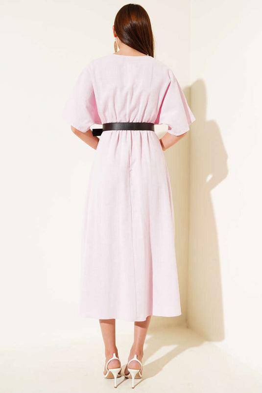 Pink Linen Midi Dress with Wrap Neckline and Belt