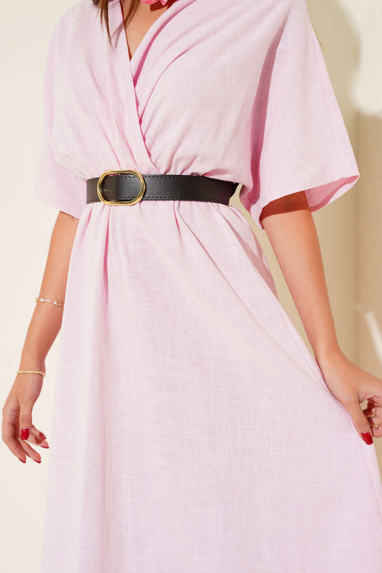 Pink Linen Midi Dress with Wrap Neckline and Belt