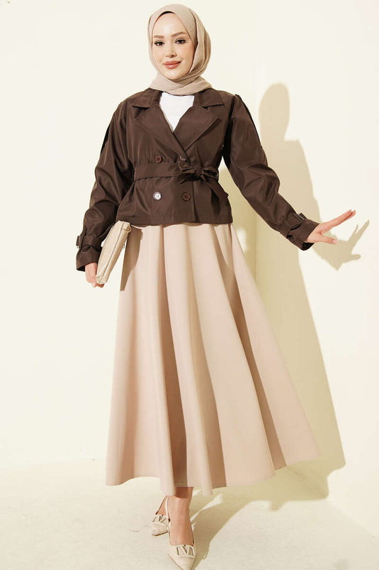 Trench-Coat Court Marron À Col Croisé