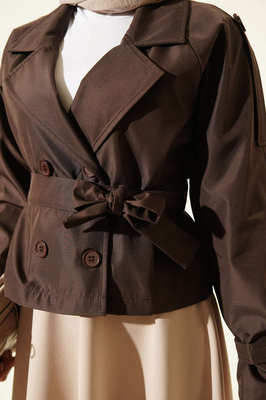 Trench-Coat Court Marron À Col Croisé