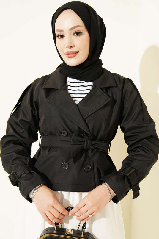 Zwarte Wrap Kraag Met Riem Kort Trenchcoat