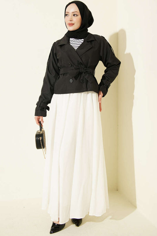 Zwarte Wrap Kraag Met Riem Kort Trenchcoat