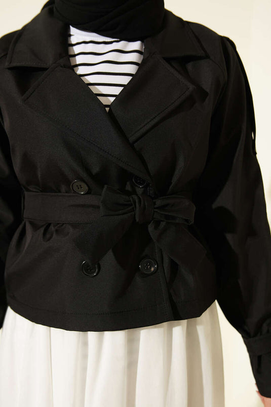 Zwarte Wrap Kraag Met Riem Kort Trenchcoat