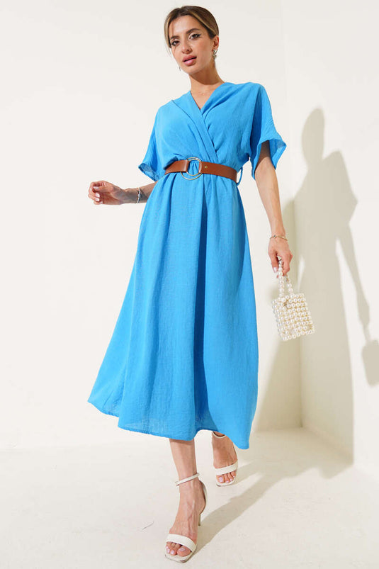 Kruvaze Yaka Kemerli Midi Elbise Mavi