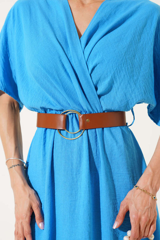 Kruvaze Yaka Kemerli Midi Elbise Mavi