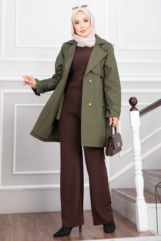 Wrap Collar Belted Trench Coat In Khaki