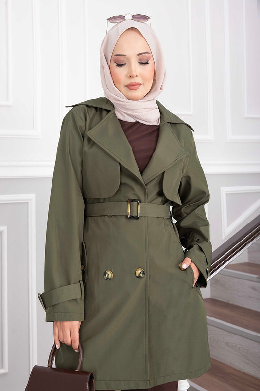 Wrap Collar Belted Trench Coat In Khaki